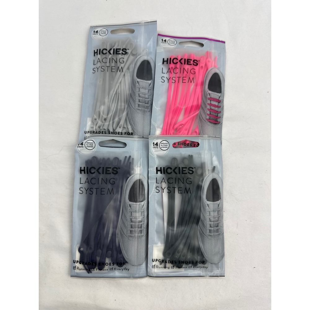 HICKIES Lacing System 4 Pack Lot Grey Neon Pink Navy Midnight Green No Tie Laces
